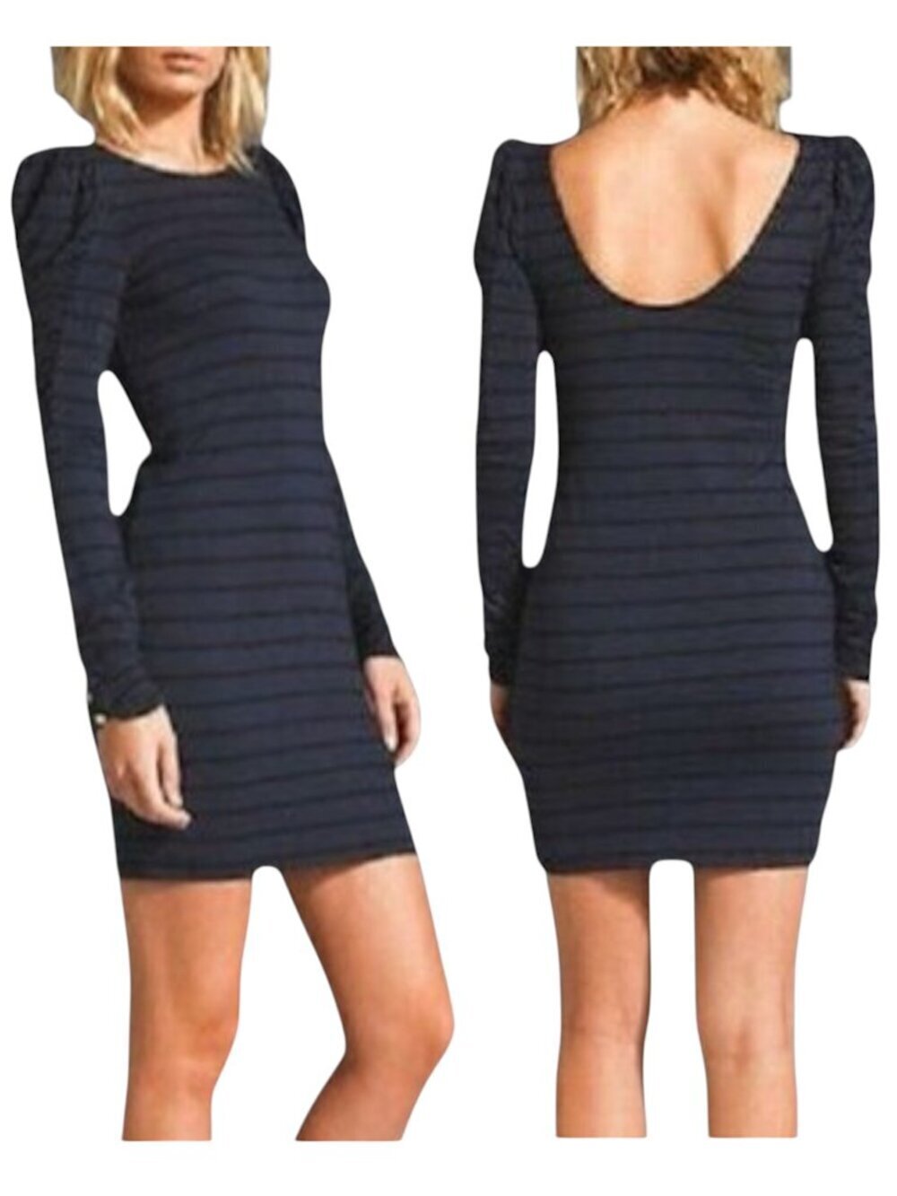 Juicy Couture Navy Black London Stripe Shirred Sleeve Stretch Dress New Size L